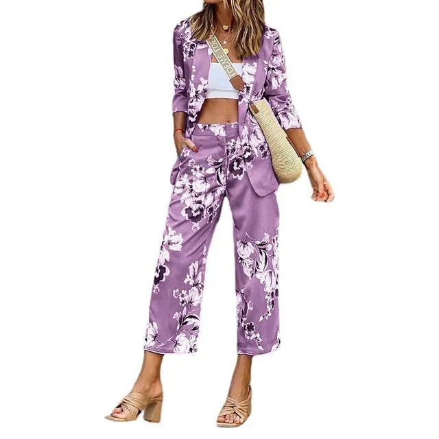 Set: 3/4-Sleeve Floral Blazer   Wide Leg Cropped Pants YR4059