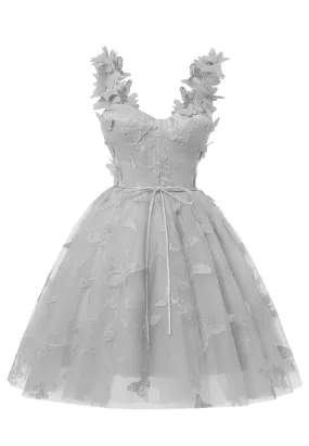 Silver 3D Butterfly Lace Applique Tulle Homecoming Dress for Teens Sweetheart Mini Short Prom Dresses