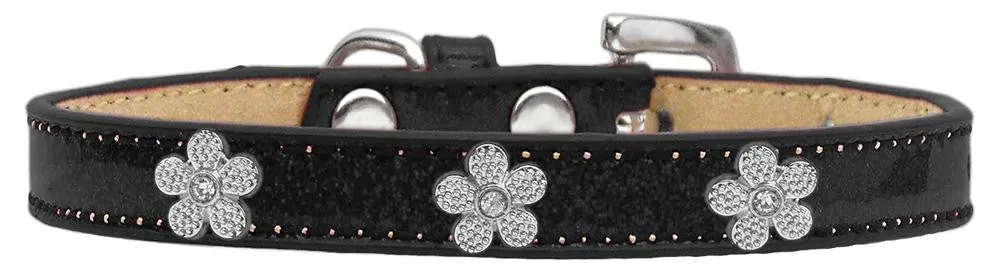 Silver Flower Widget Dog Collar Black Ice Cream Size 10