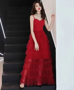 Simple Red Tulle Long Prom Dress, Red Tulle Evening Dress