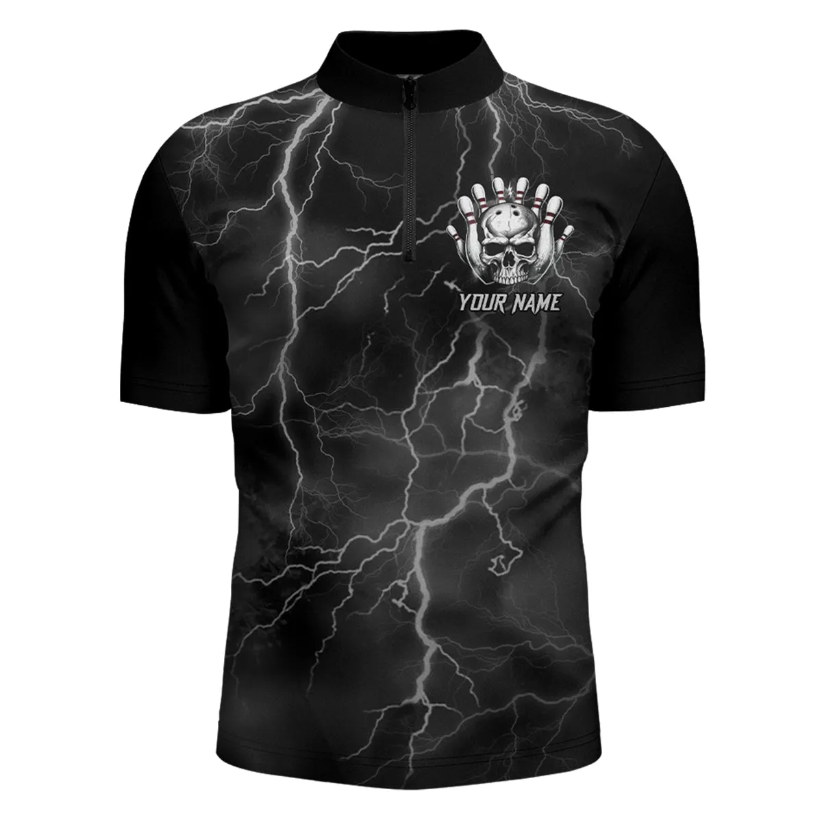 Skull Bowling League Shirt Men Bowling Jersey Team Lightning Thunder Bowling Quarter-Zip Shirt