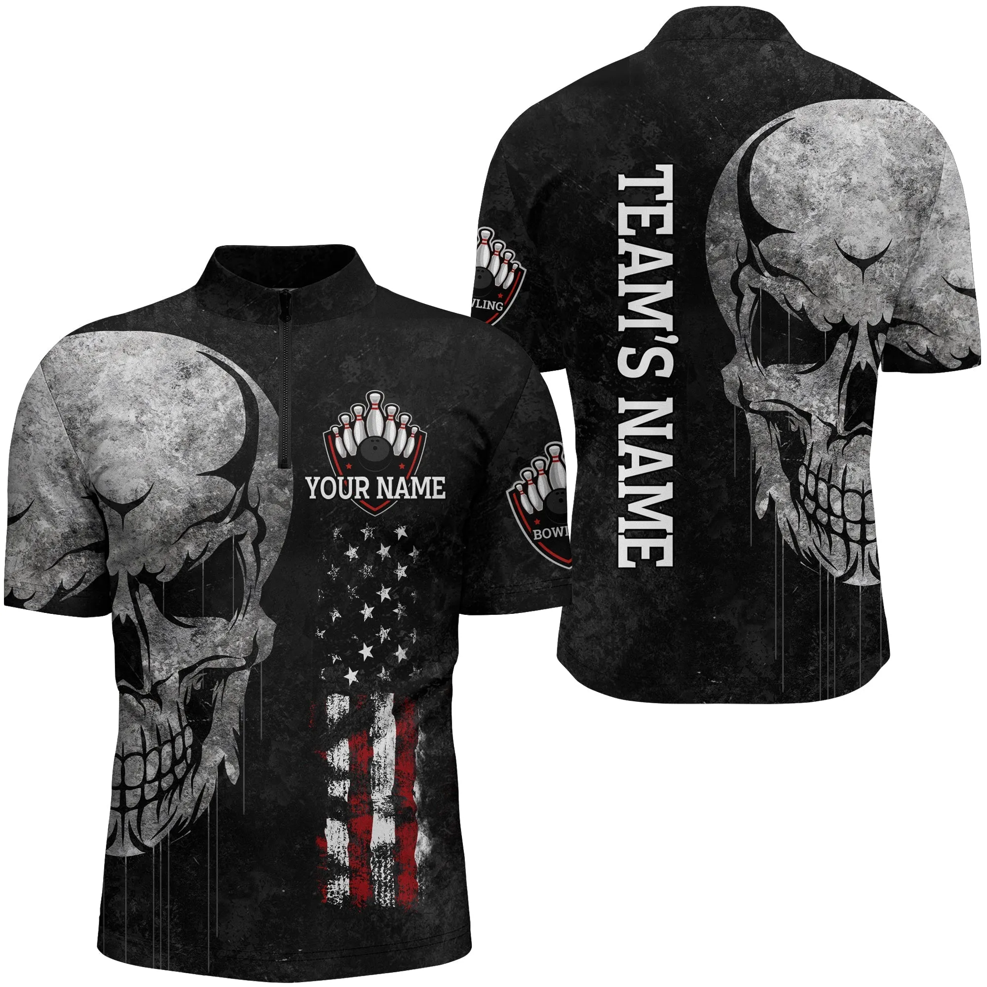 Skull Bowling Quarter-Zip Shirt For Men Black Bowling Team Jersey Custom Bowling Jersey Shirt