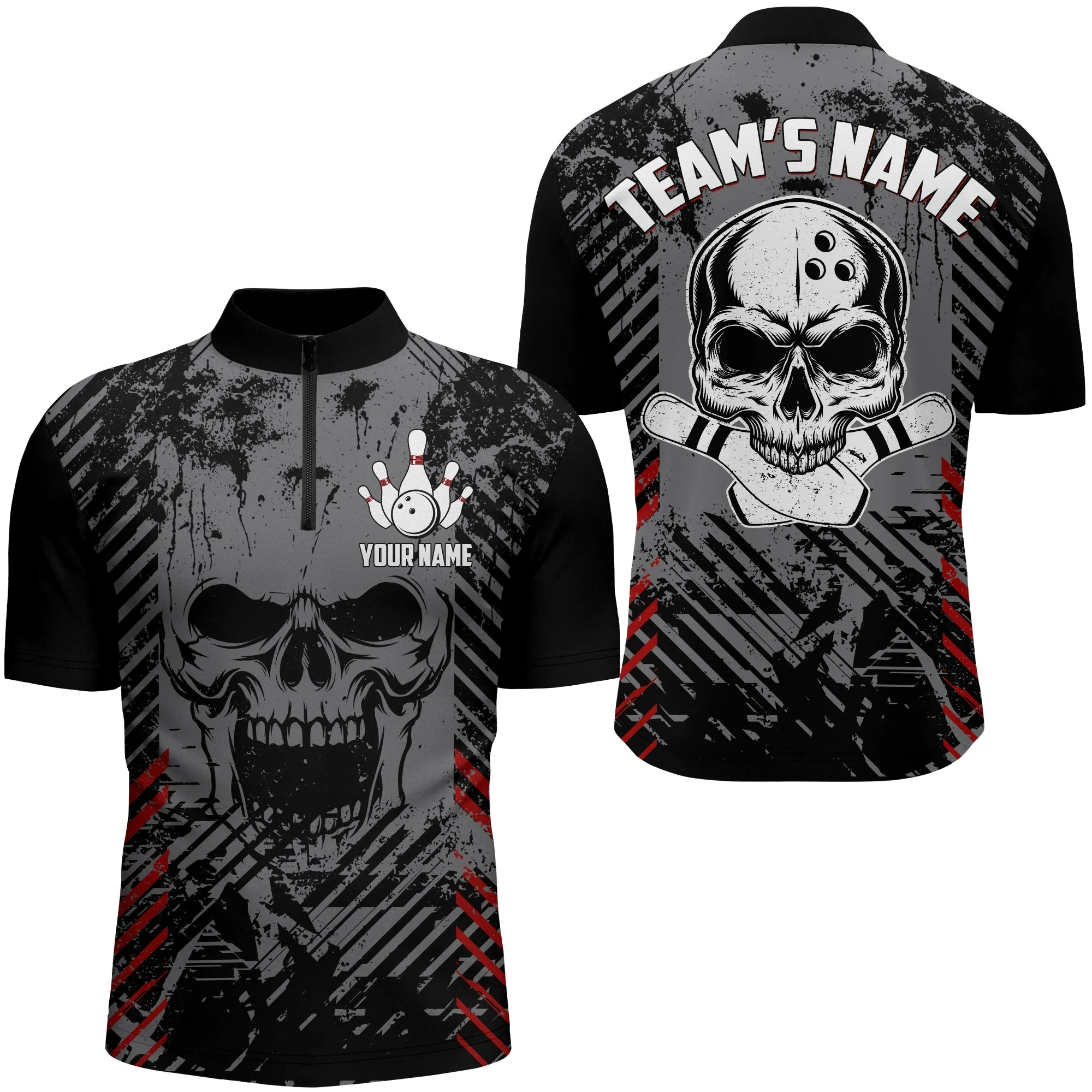 Skull Bowling Quarter-Zip Shirt For Men Black Bowling Team Jersey Custom Bowling Jersey Shirt