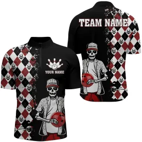 Skull Bowling Shirt for Men, Quarter-Zip Shirt Personalized Name Argyle Bowling Bowler Team Jersey