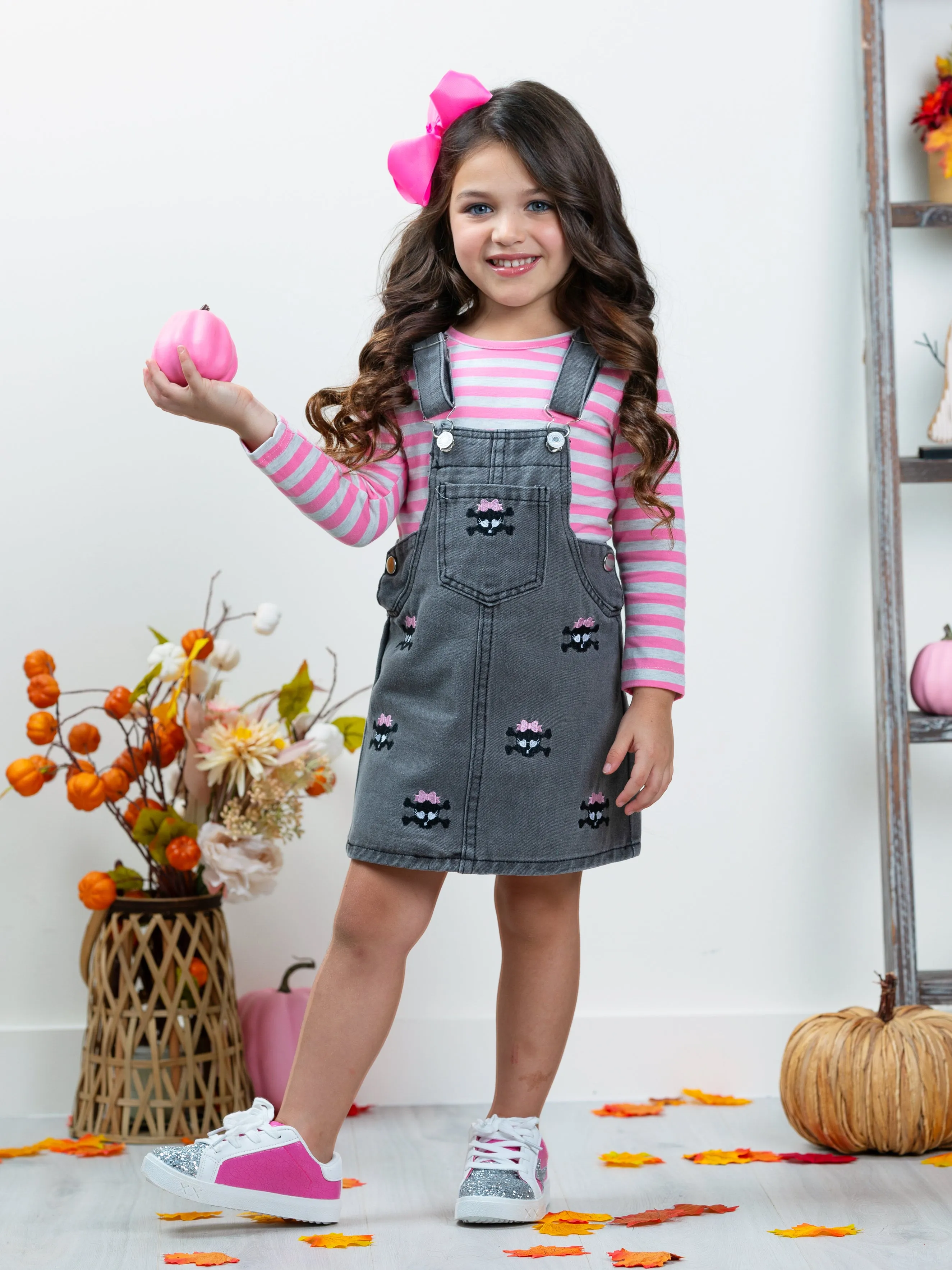 Skull Girls Rock Denim Overall Dress Set