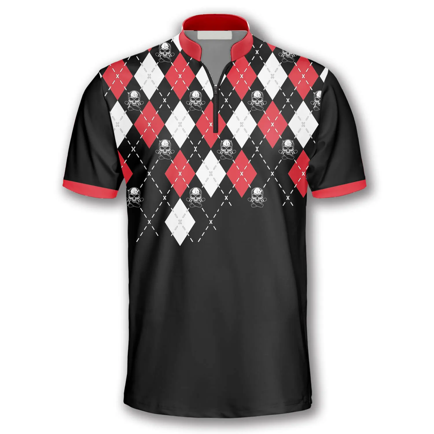 Skull Red Argyle Pattern Custom Bowling Jerseys for Men, Perfect Gift for Bowler, Skull Bowling Shirt