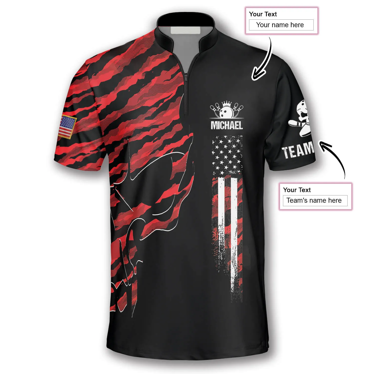 Skull Red Camouflage Custom Bowling Jerseys for Men, 3D All Over Print Bowling Shirt, Skull Shirt