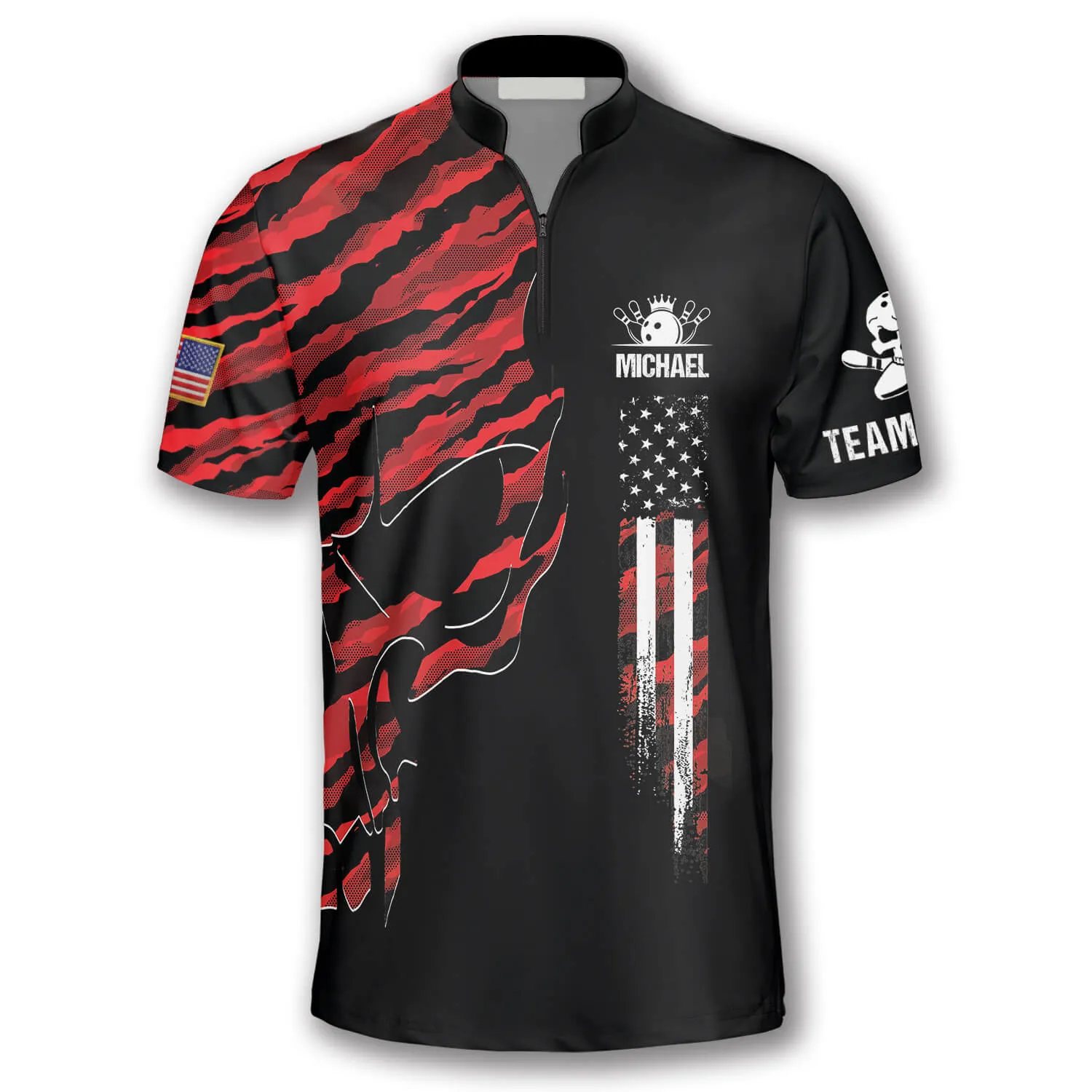 Skull Red Camouflage Custom Bowling Jerseys for Men, 3D All Over Print Bowling Shirt, Skull Shirt