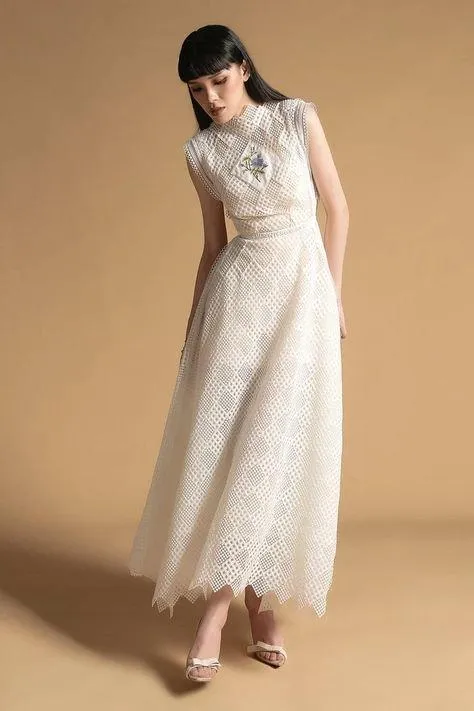 Sleeveless high neck mesh panel embroidery maxi dress- Mai