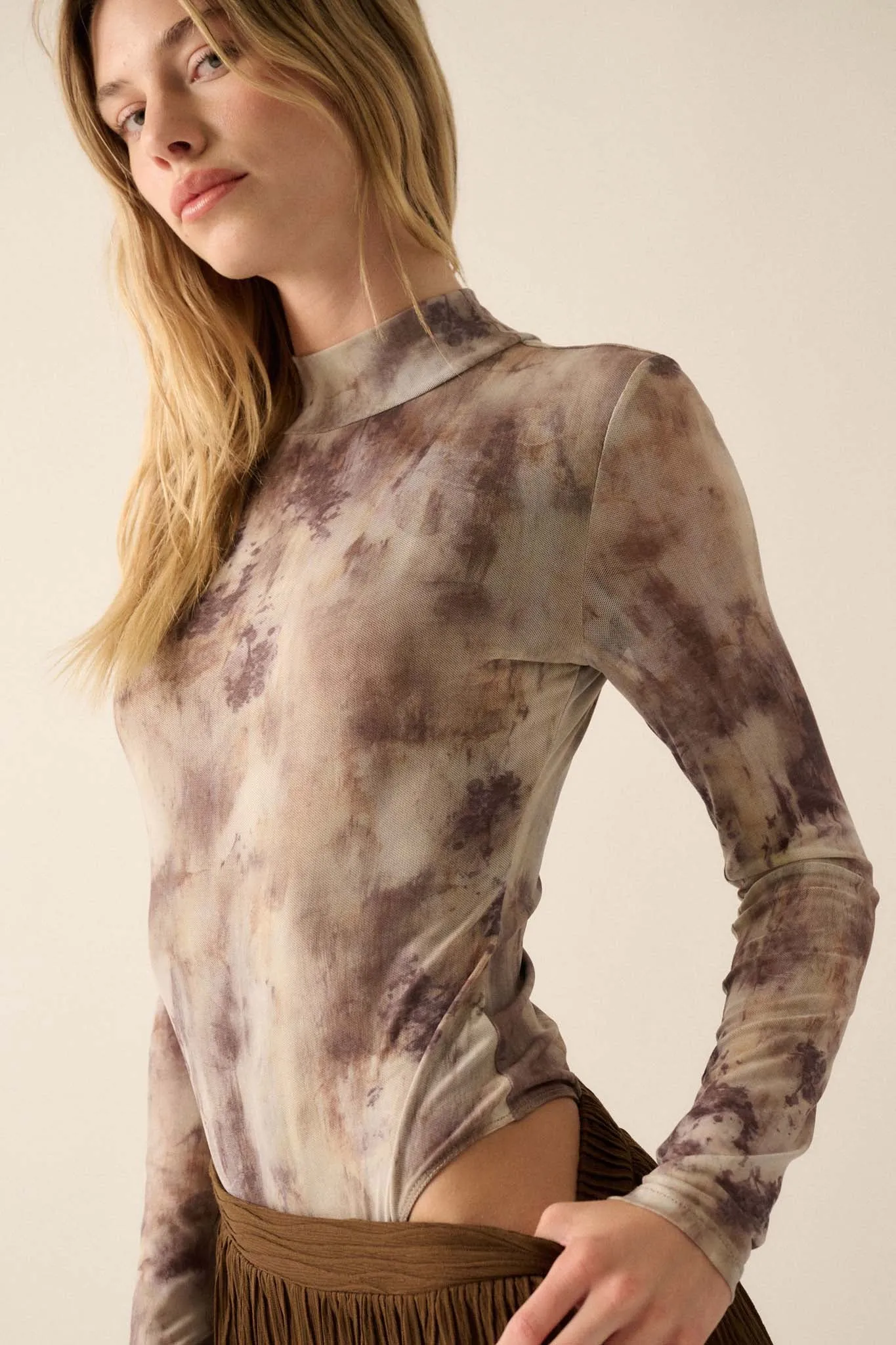 Smokeshow Tie-Dye Mesh Mock Neck Bodysuit