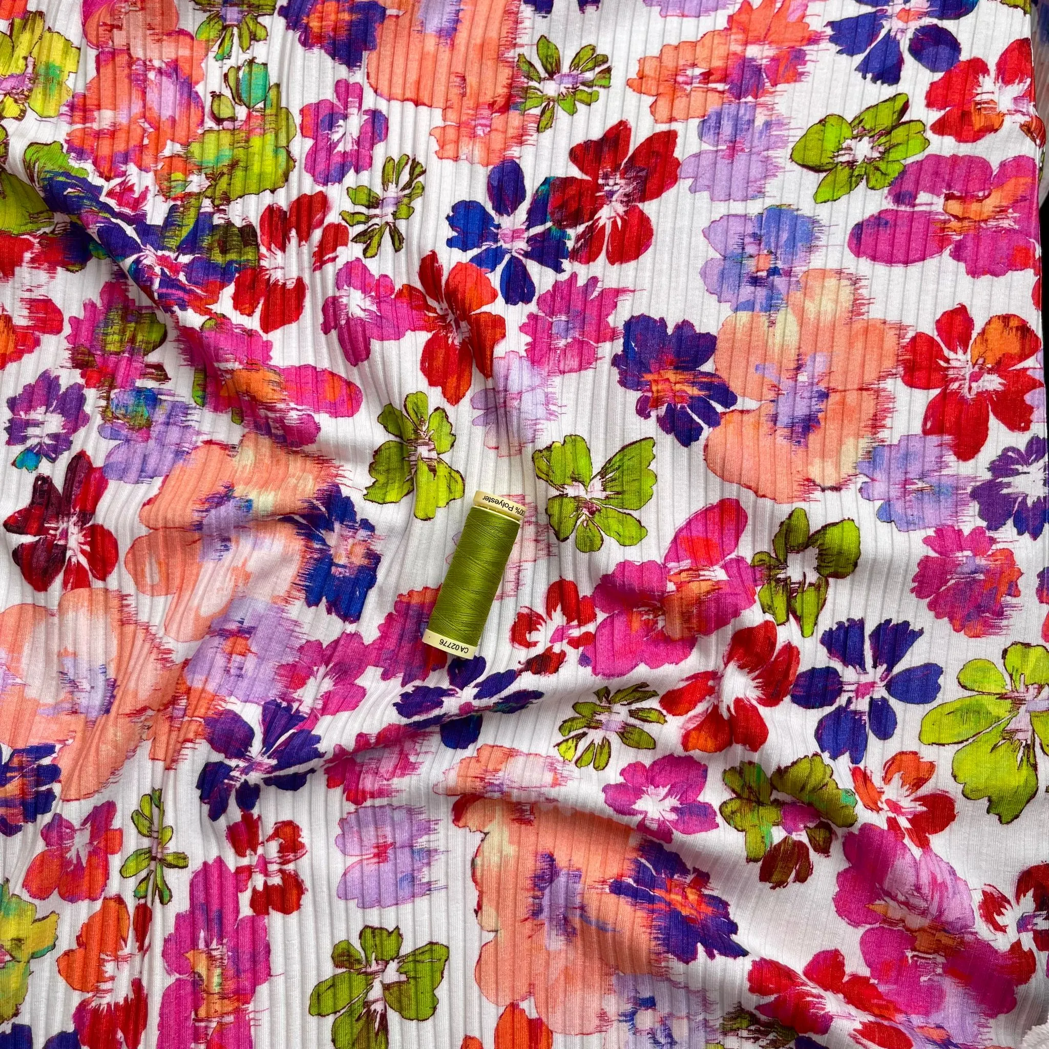 Spring Watercolour Flowers Cotton Ribbed Jersey