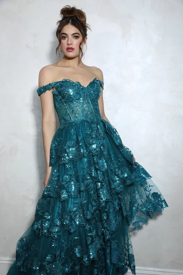 TASHA Off Shoulder Sheer Bodice Tulle Lace Prom & Formal Dress