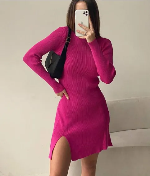 TastyHottie - Winter Woman Knitted Dress Office Ladies Turtleneck Bodycon Dresses Split Mini Knitting Dress