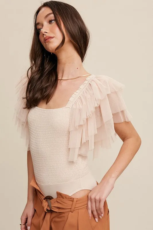 Tiered Ruffle Sleeve Smocked Bodysuit - Champagne