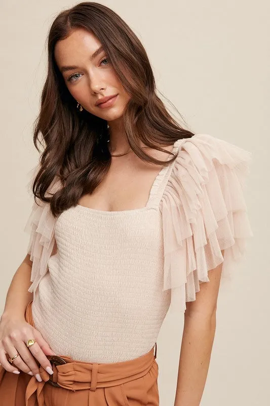 Tiered Ruffle Sleeve Smocked Bodysuit - Champagne