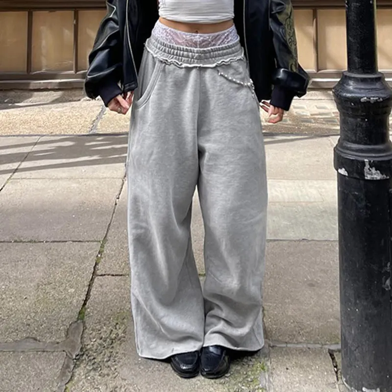 Toleet 90s fashion American Street Style Basic Solid Color Loose Anti-Car Design Curling Wide-Leg Pants Early Autumn Versatile Casual Sweatpants