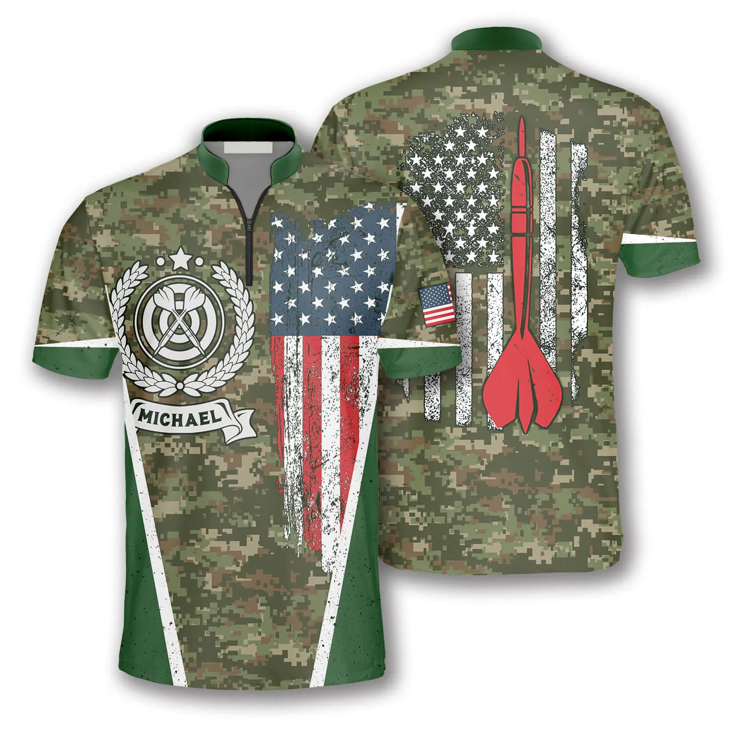 USA Flag Camouflage Emblem Custom Darts Jerseys for Men, Dart Shirt, Flag Shirt