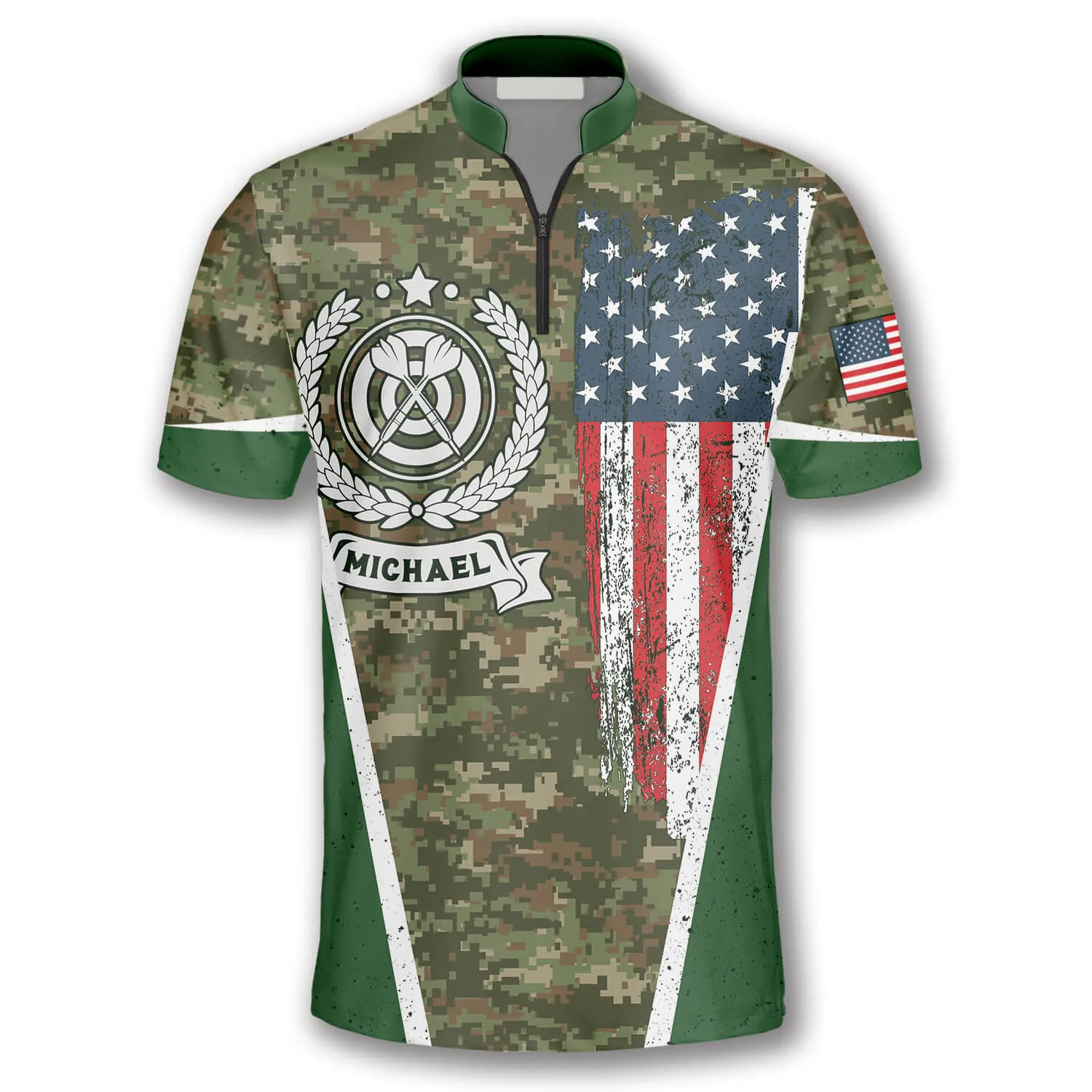 USA Flag Camouflage Emblem Custom Darts Jerseys for Men, Dart Shirt, Flag Shirt