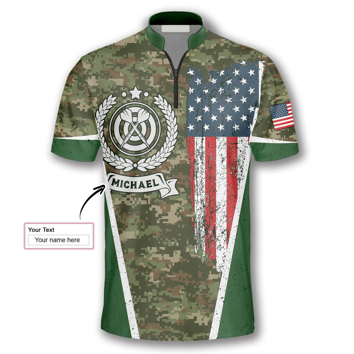 USA Flag Camouflage Emblem Custom Darts Jerseys for Men, Dart Shirt, Flag Shirt