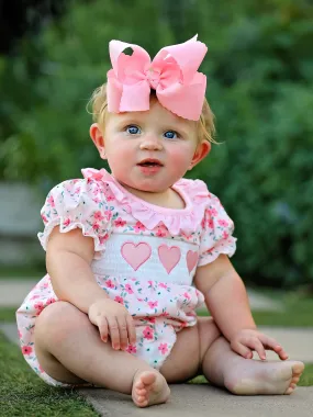 Valentine's Day Heart Smocking Embroidery Short Sleeve Girls Romper