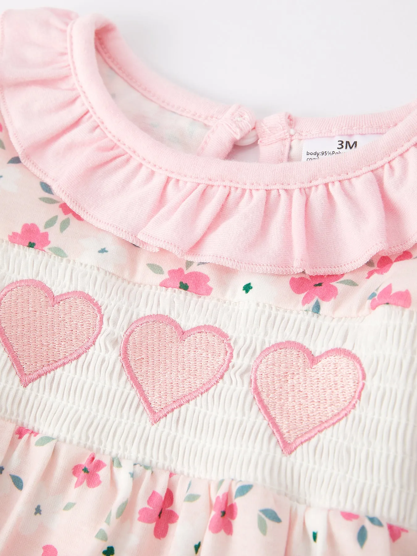 Valentine's Day Heart Smocking Embroidery Short Sleeve Girls Romper