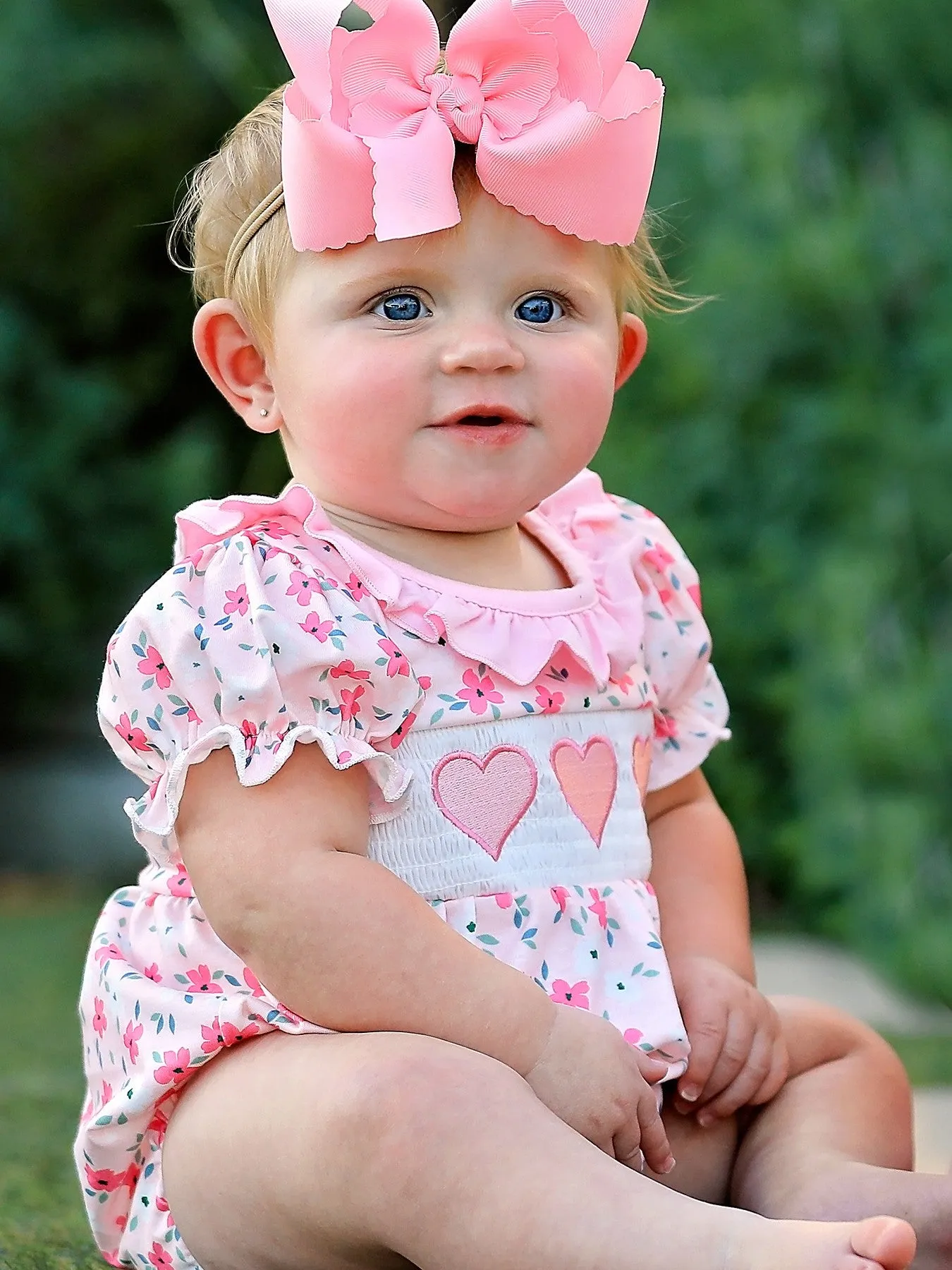 Valentine's Day Heart Smocking Embroidery Short Sleeve Girls Romper