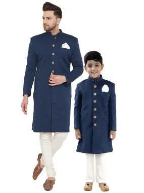 Vastramay Navy Blue And Cream Baap Beta Sherwani Set