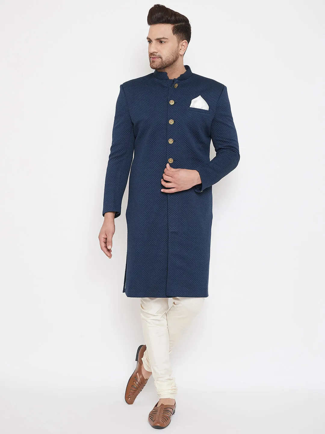 Vastramay Navy Blue And Cream Baap Beta Sherwani Set