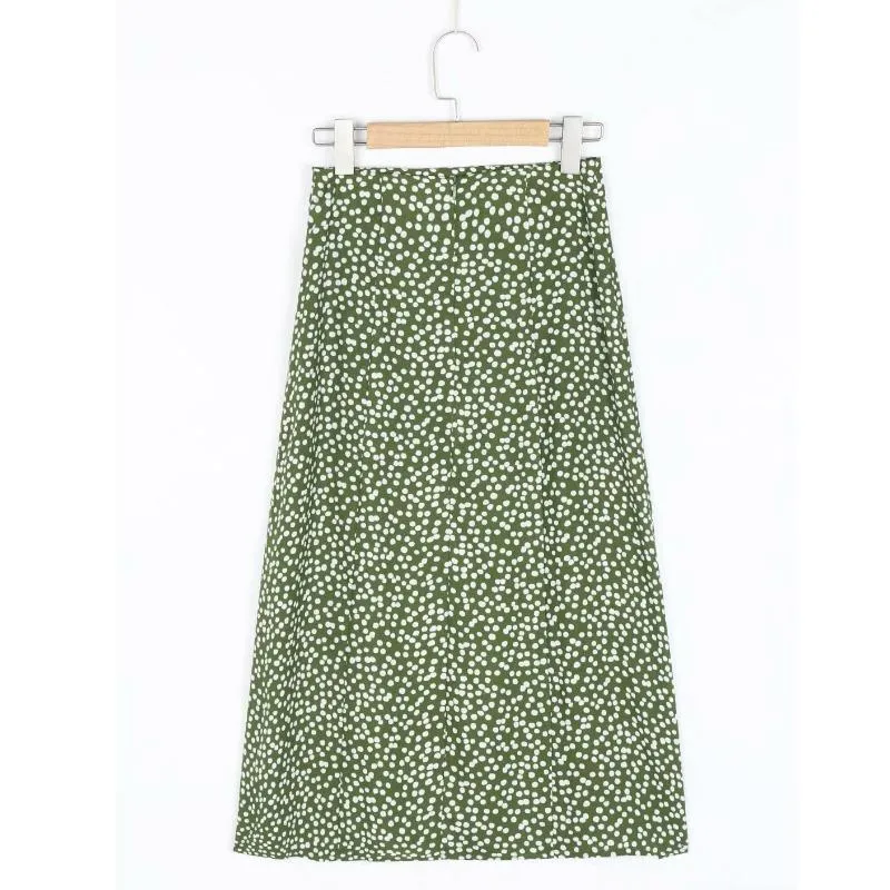 Vintage Skirt Flower Polka Dot Print High Waist Stretch Split