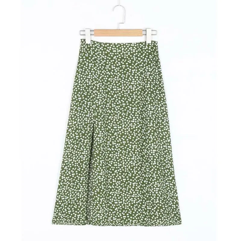 Vintage Skirt Flower Polka Dot Print High Waist Stretch Split