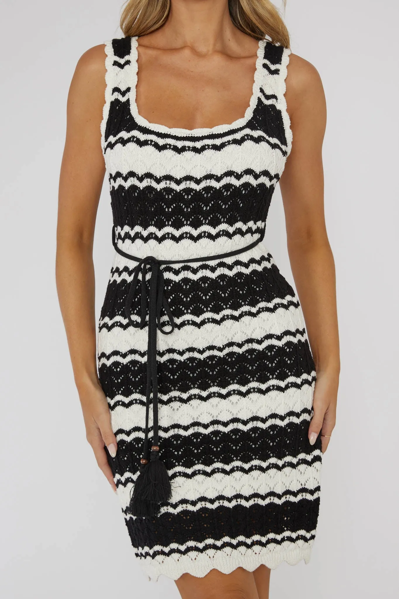 Wander Lust Crochet Mini Dress Striped Black