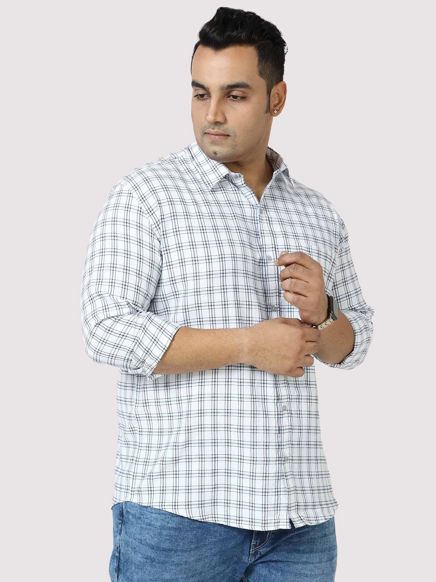 White on Black Checkered Cotton Shirt Men's Plus Size