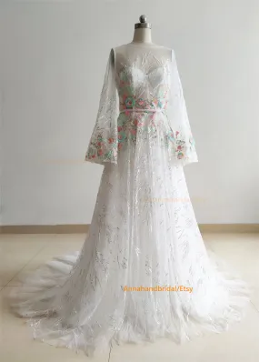 White Sparkle Floral Wedding Dress