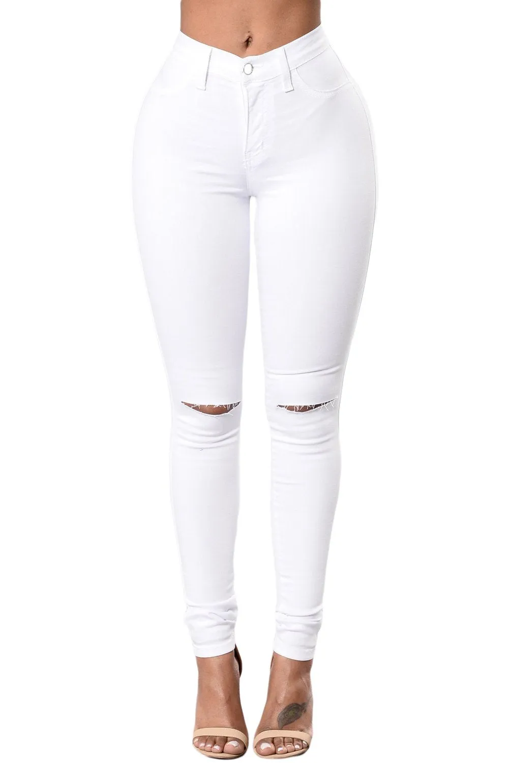 White Trendy Slit Knee Denim Pants