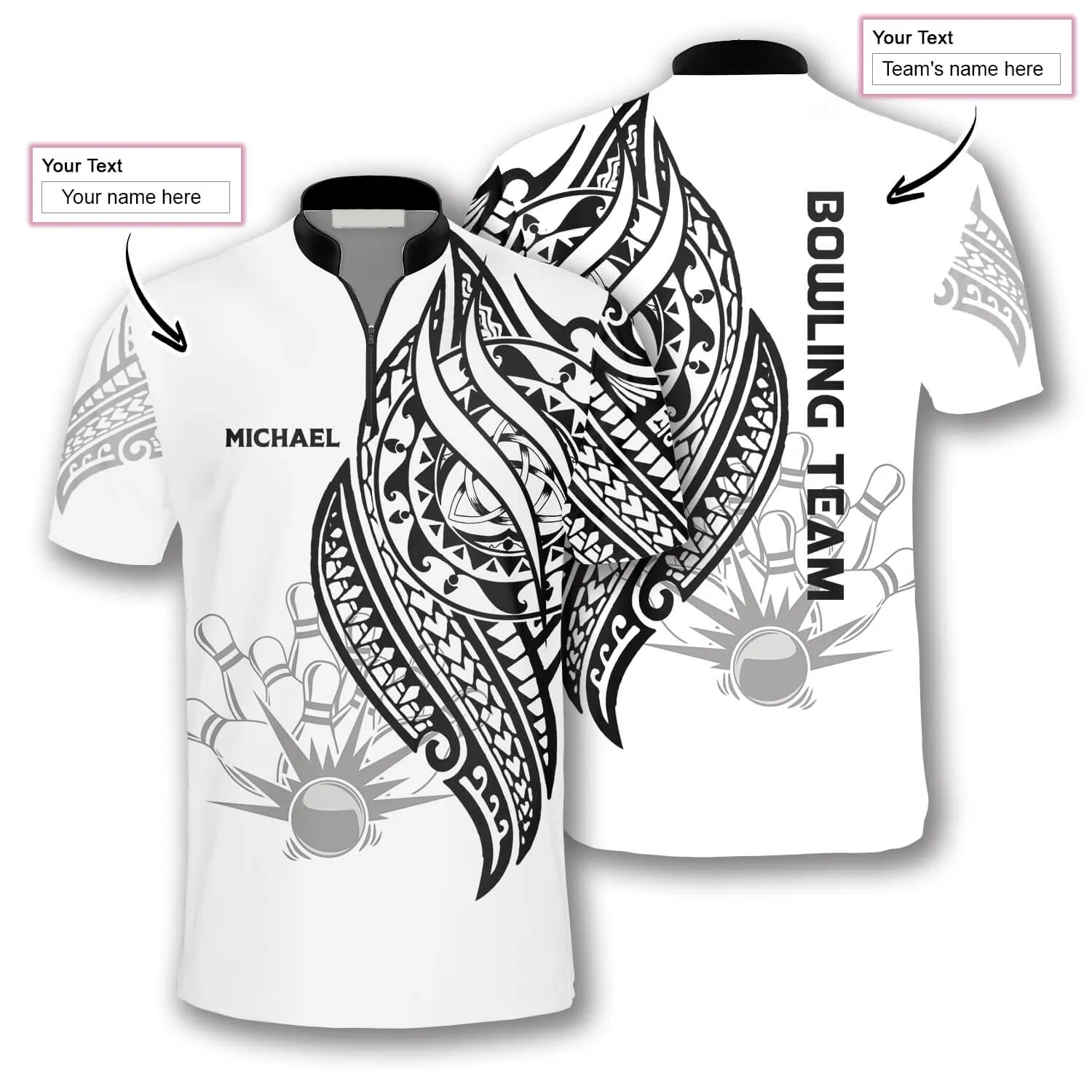 White Tribal Custom Bowling Jerseys for Men, Custom Name Team Bowling Shirt