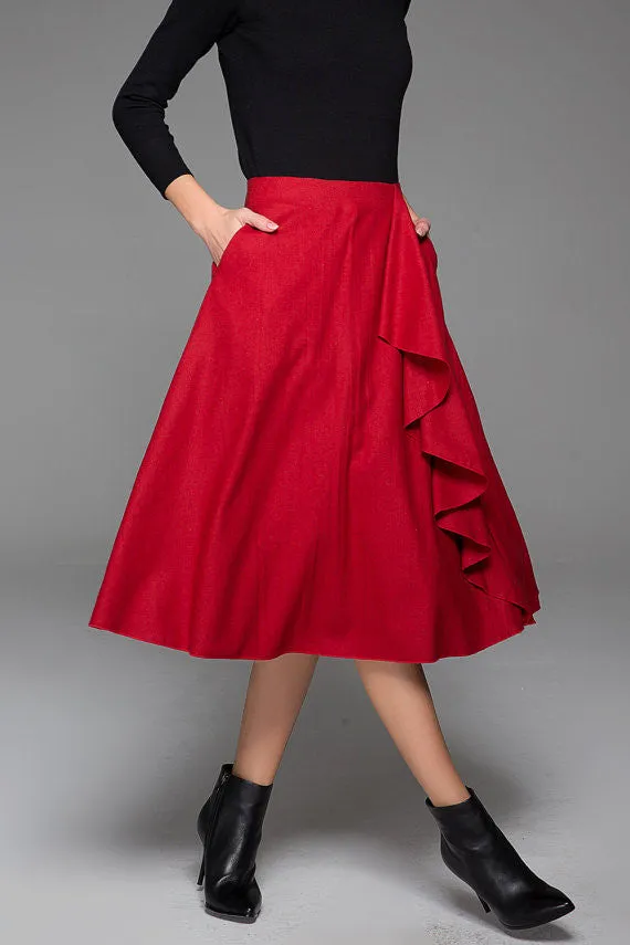 Wine Red Fashion Wool Skirt With Flower Lace Boho Skirt Warm Maxi Skirt (1431)