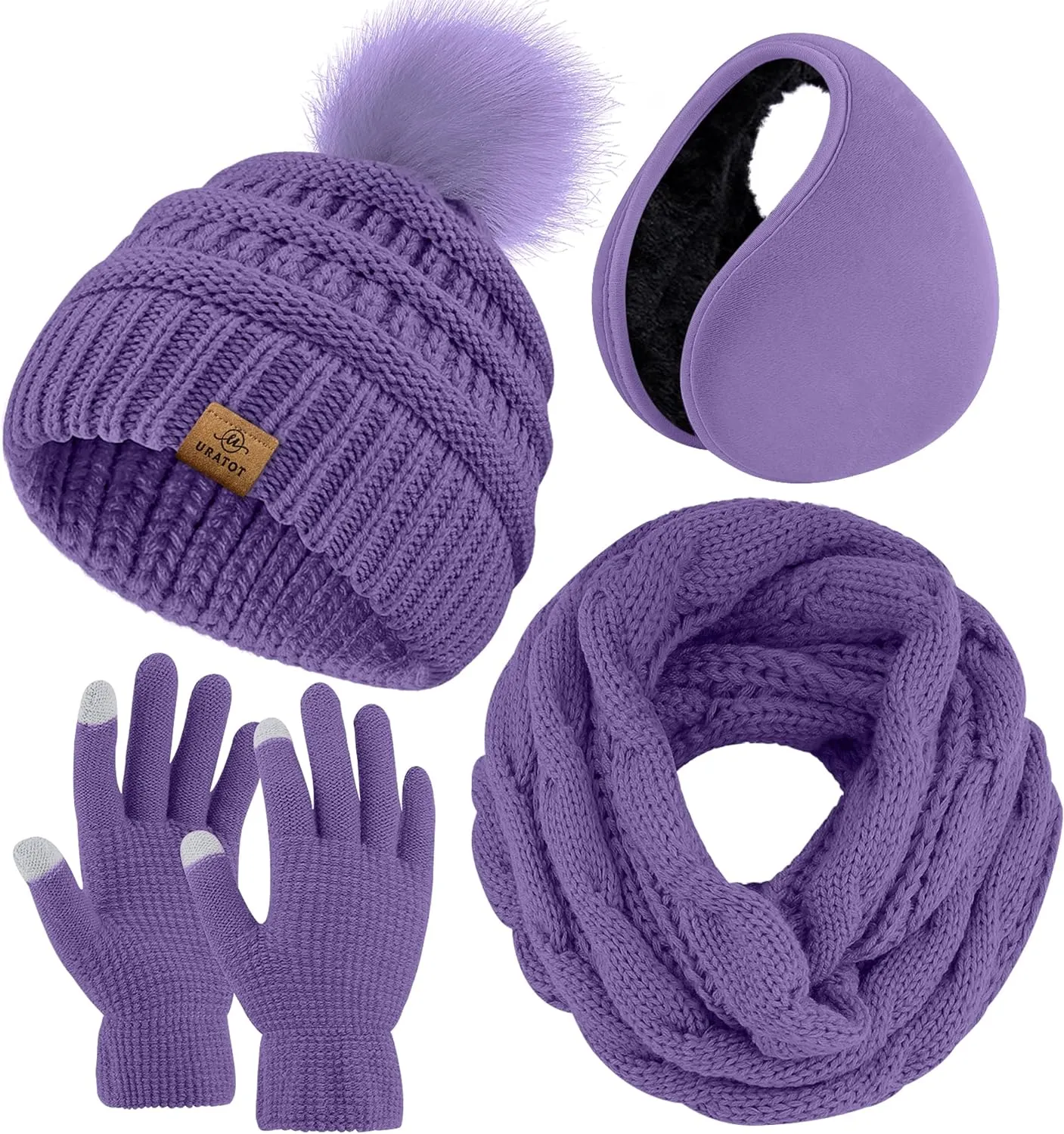 Winter Knit Gray Beanie Hat, Scarf, Ear Muff & Gloves Set