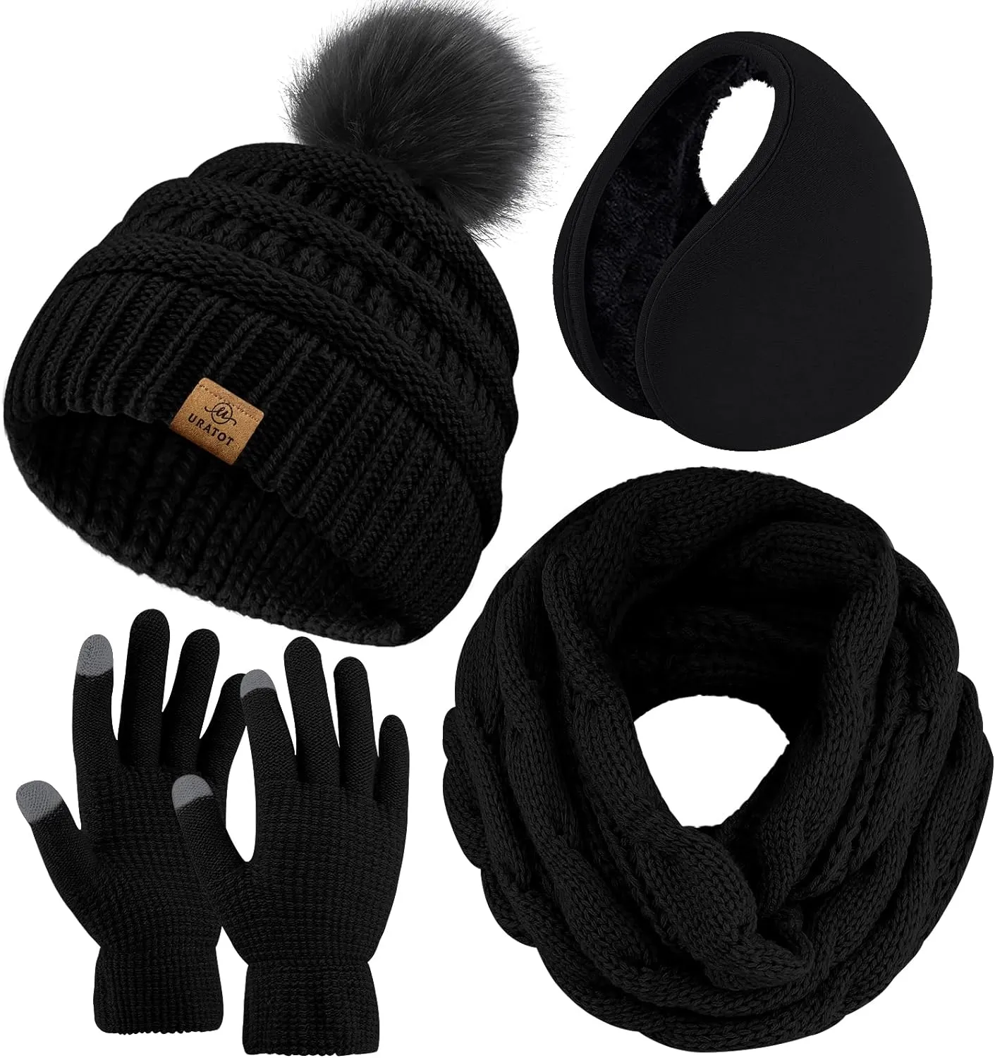 Winter Knit Gray Beanie Hat, Scarf, Ear Muff & Gloves Set