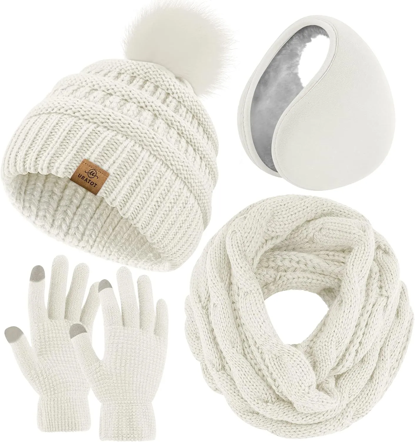 Winter Knit Gray Beanie Hat, Scarf, Ear Muff & Gloves Set