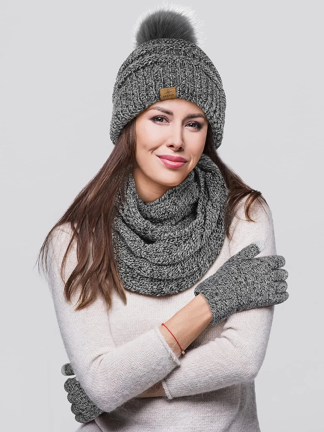 Winter Knit Gray Beanie Hat, Scarf, Ear Muff & Gloves Set