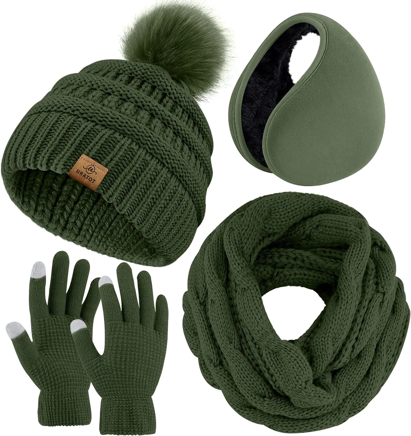 Winter Knit Gray Beanie Hat, Scarf, Ear Muff & Gloves Set