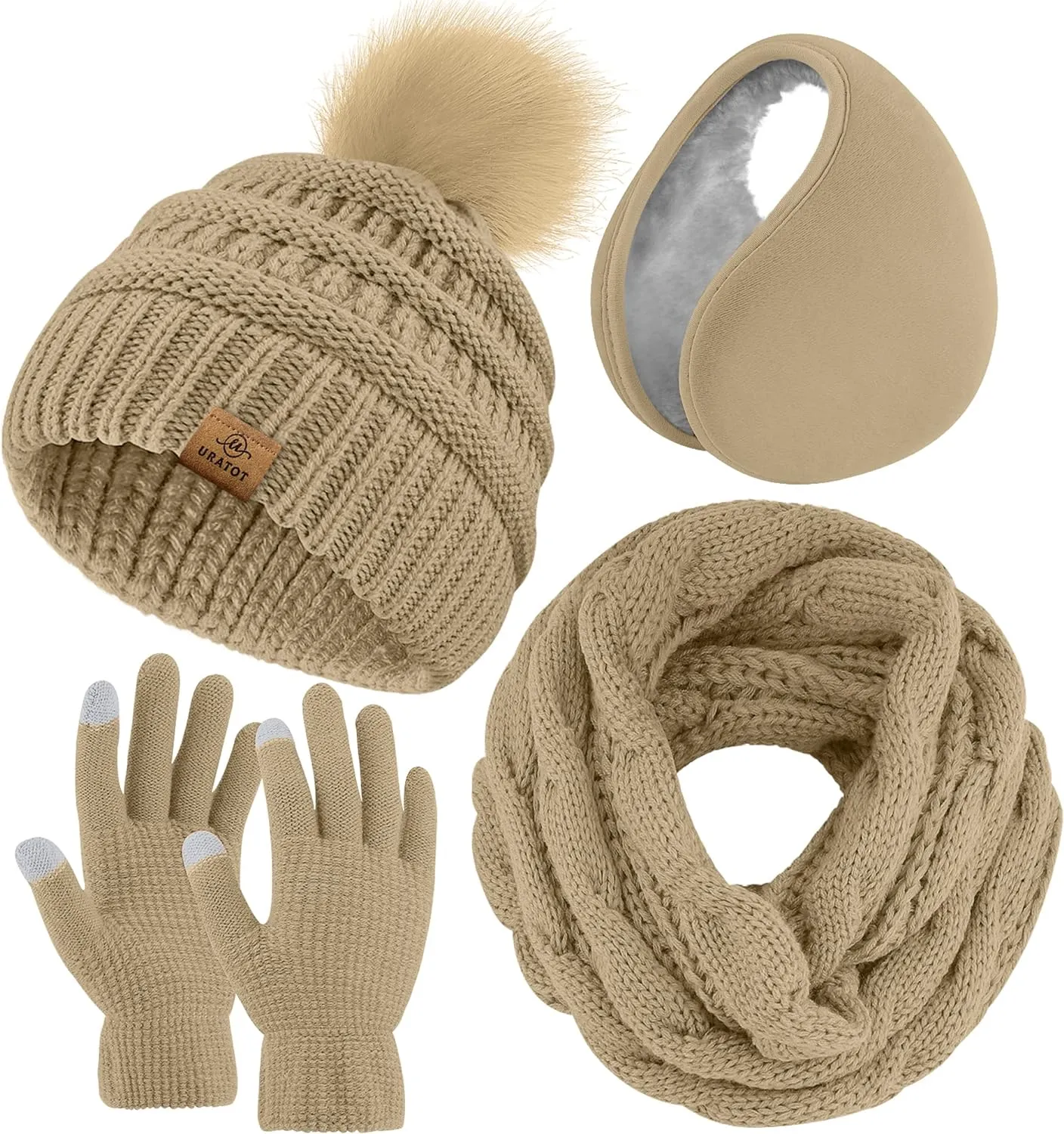 Winter Knit Gray Beanie Hat, Scarf, Ear Muff & Gloves Set