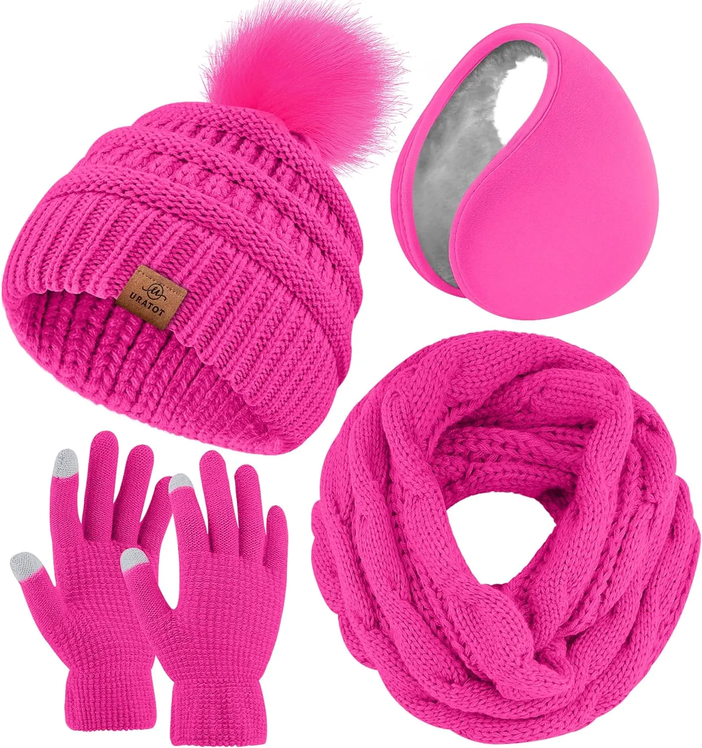 Winter Knit Light Pink Beanie Hat, Scarf, Ear Muff & Gloves Set