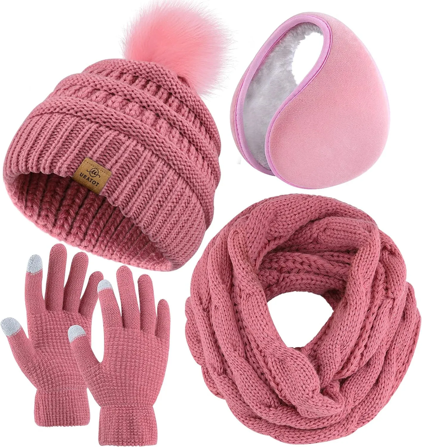 Winter Knit Light Pink Beanie Hat, Scarf, Ear Muff & Gloves Set