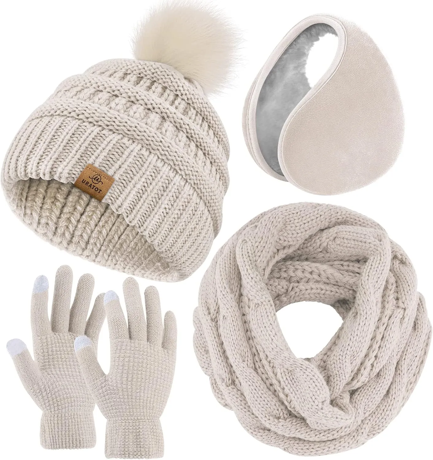 Winter Knit Light Pink Beanie Hat, Scarf, Ear Muff & Gloves Set