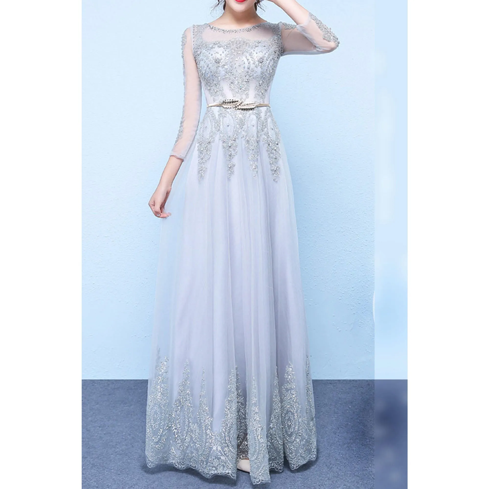 Women Appealing Round Neck Net Material Crafted Long Sleeve Beautifully Embroidered Wedding & Party Dress - 1510KMDC